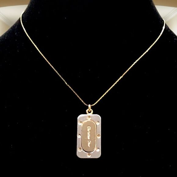 CHRISTIAN DIOR VINTAGE TWO TONE DOG TAG PENDANT NECKLACE - Picture 1 of 4